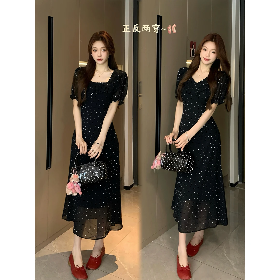 大码女装法式气质黑色波点连衣裙胖MM藏肉显瘦前后两穿裙