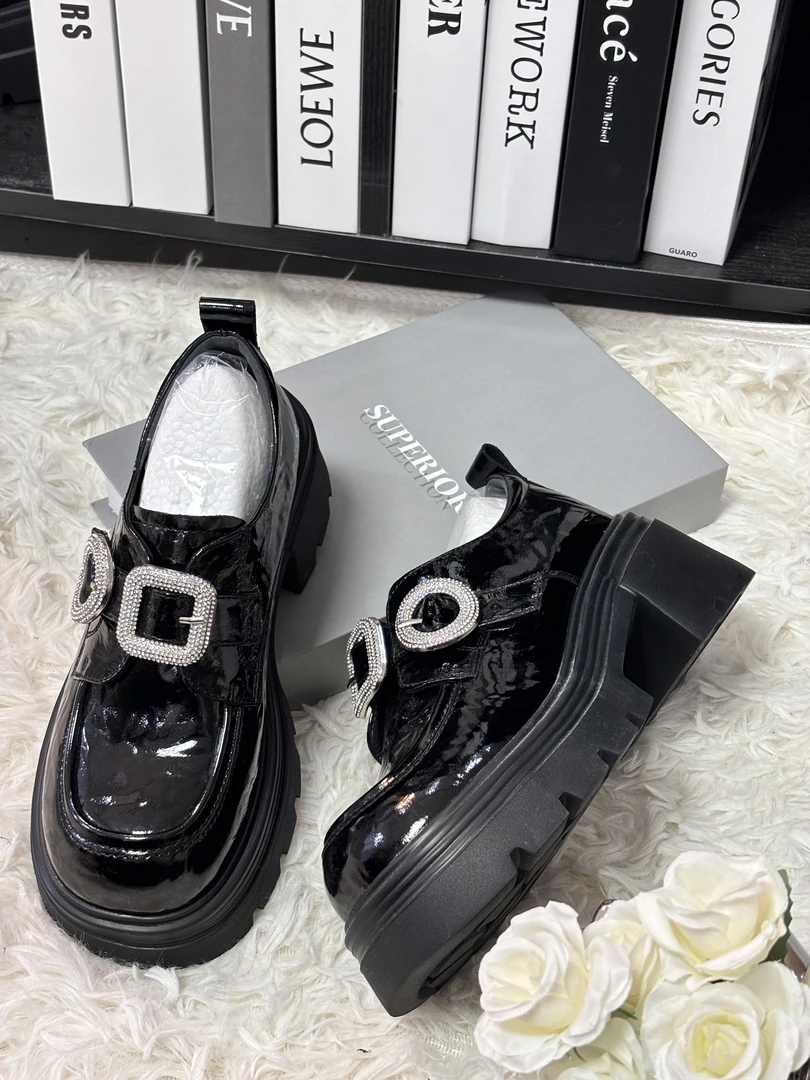 001002方圆钻扣-英伦【头层羊皮】7cm厚底魔术贴乐福真皮时尚女鞋