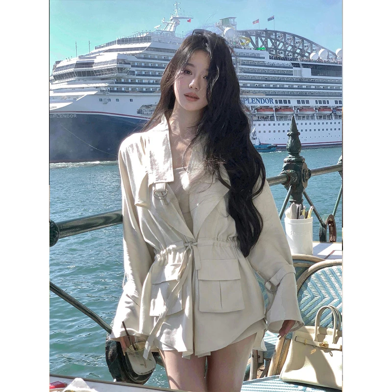 法式工装风衣外套女重工大口袋设计感宽松休闲慵懒风中长款大衣