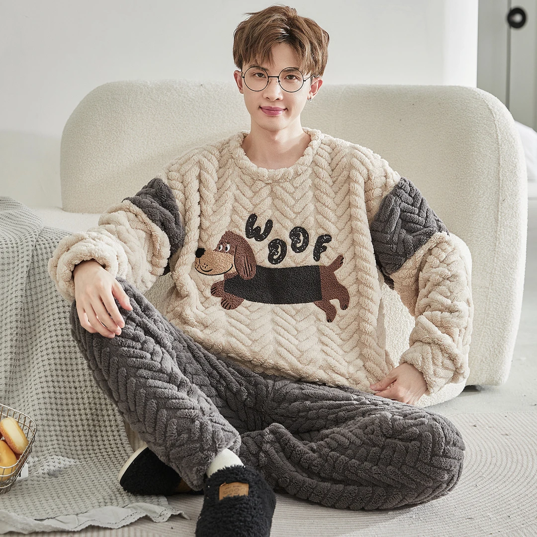 睡衣男士秋冬季珊瑚绒加绒加厚大码青少年冬款卡通男款家居服套装