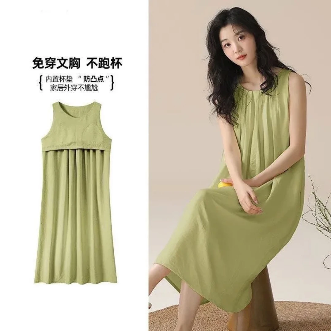 带胸垫云朵棉睡裙女高级感夏季背心无袖可外穿中长款睡衣女连衣裙