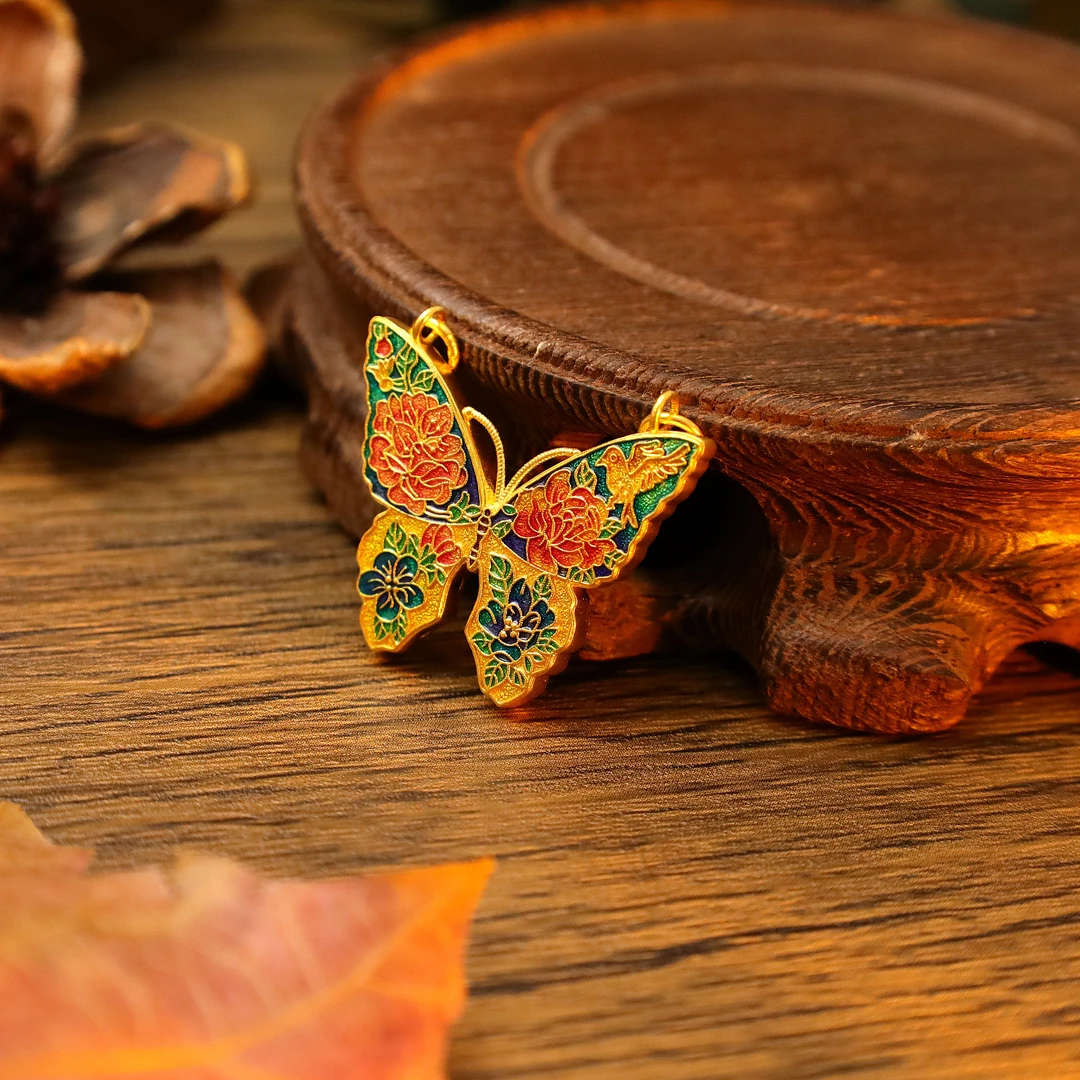 869/克【福叠】古法金黄金珐琅彩蝴蝶手工錾刻纹路足金挂坠吊坠