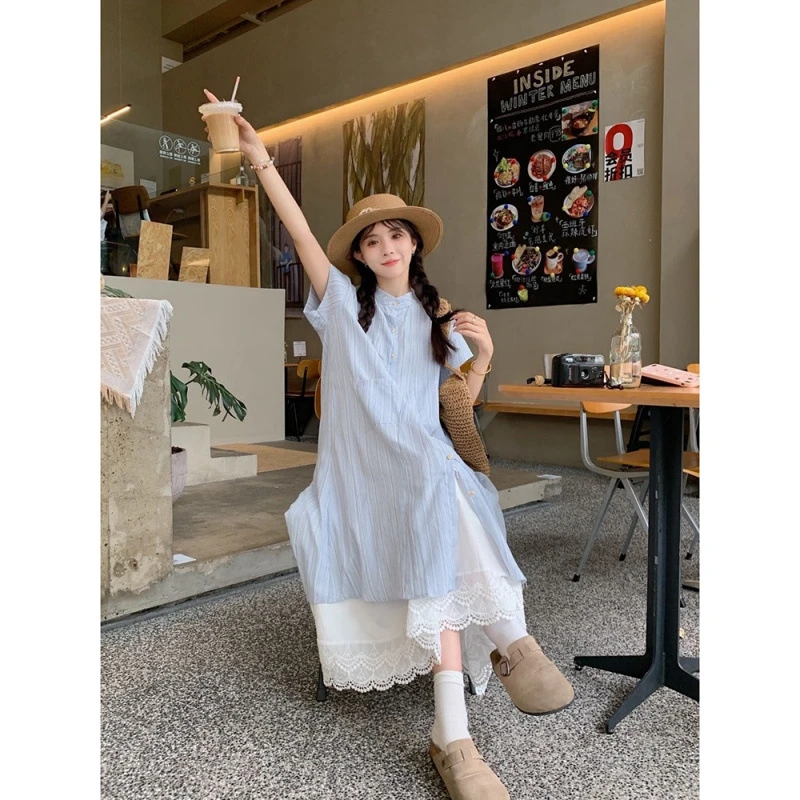 蓝色条纹短袖衬衫连衣裙女夏季新款韩系宽松中长款叠穿两件套