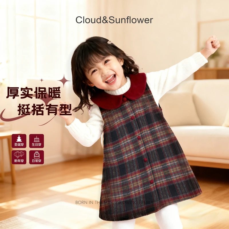 【云朵小葵】女童冬季新款年款五粒扣红色格子翻领连衣裙992109