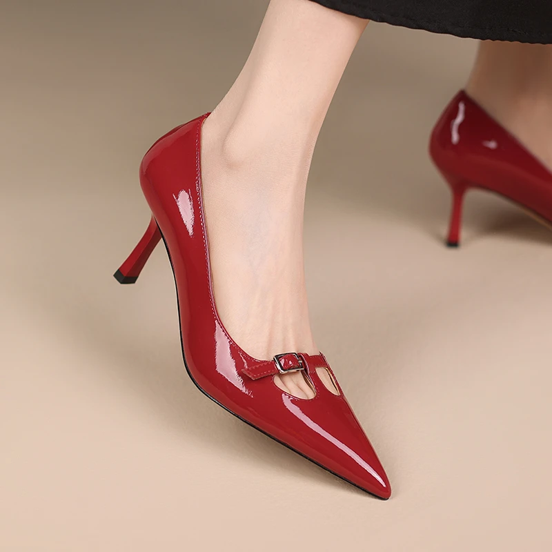 6CM原创设计镂空高跟鞋女黑色细跟尖头漆皮单鞋春秋新款浅口女鞋