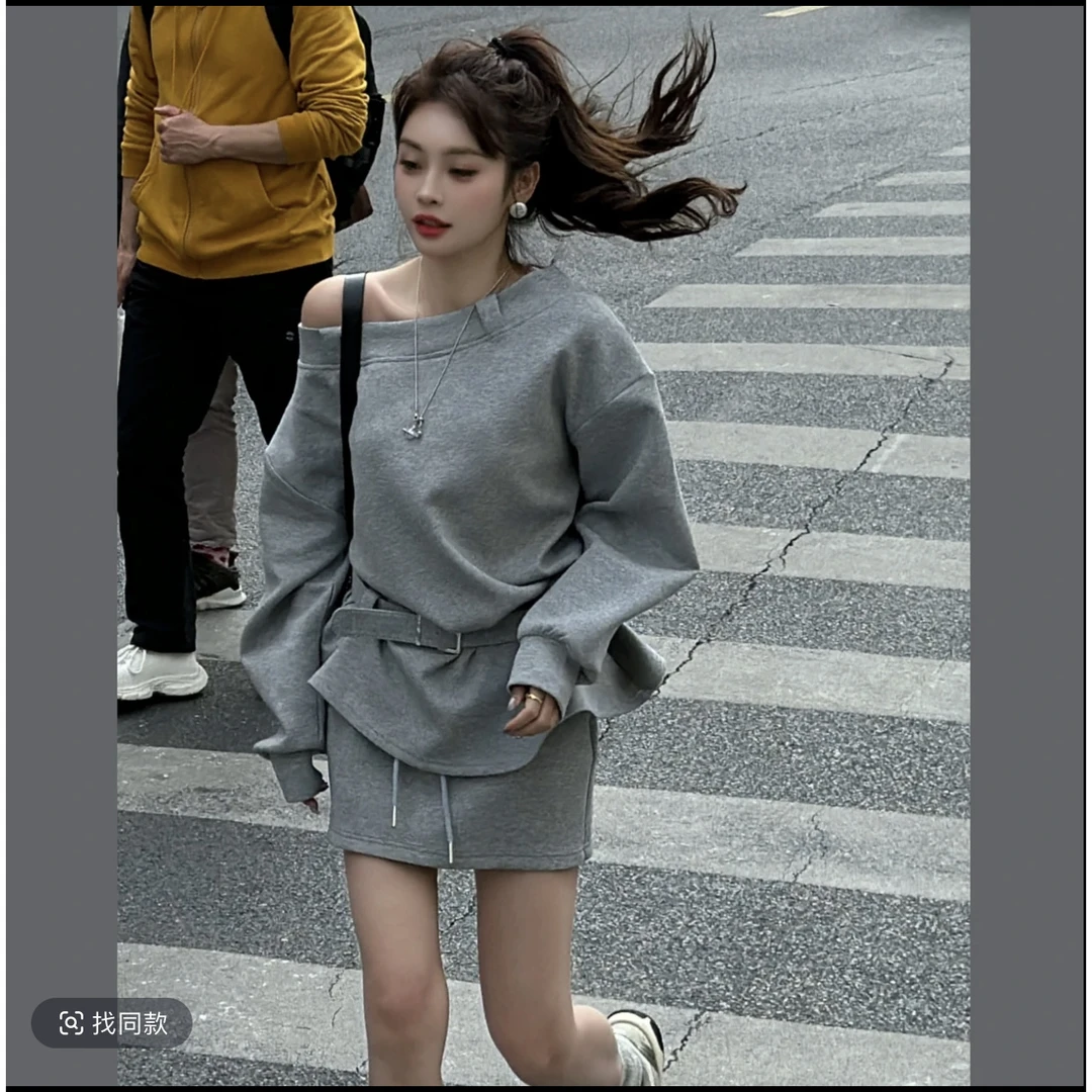 溪溪靓衫春季新款腰带性感露肩斜领卫衣宽松中长款上衣裤裙套装女