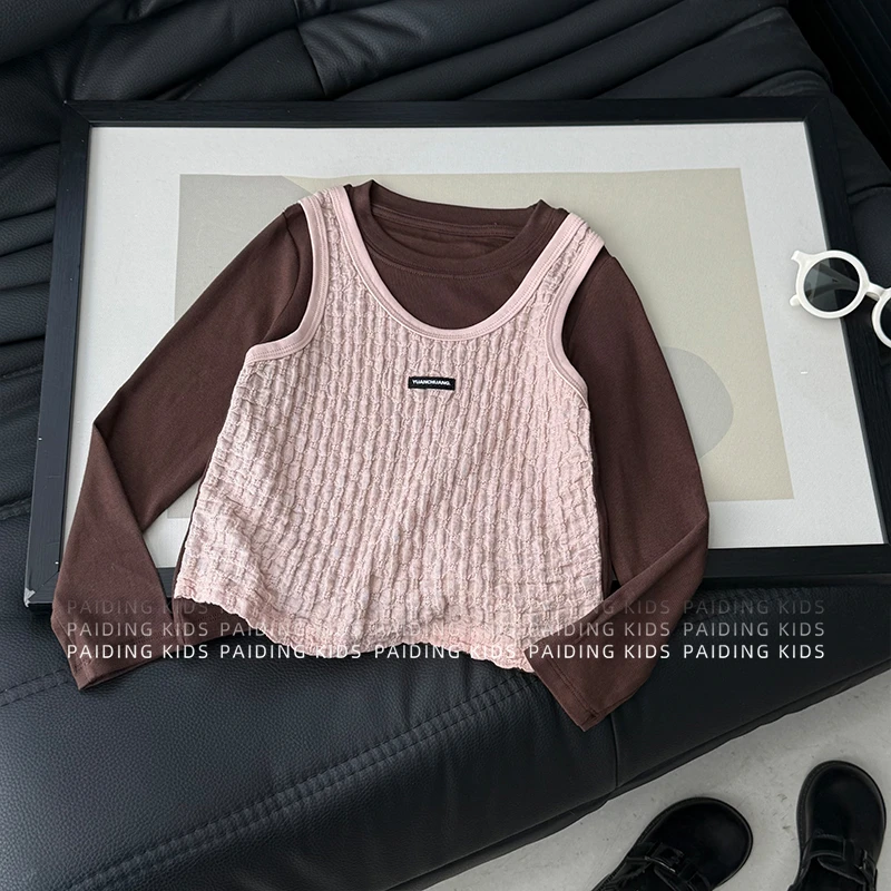 【阿湫】春秋装女童韩版时尚拼色假两件休闲宽松百搭T恤上衣SJ6261