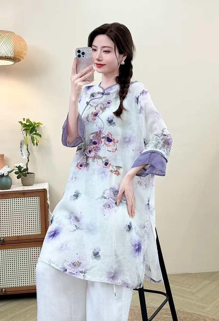 夏季纯苎麻印花圆领斜襟盘扣中长款茶服出行上衣