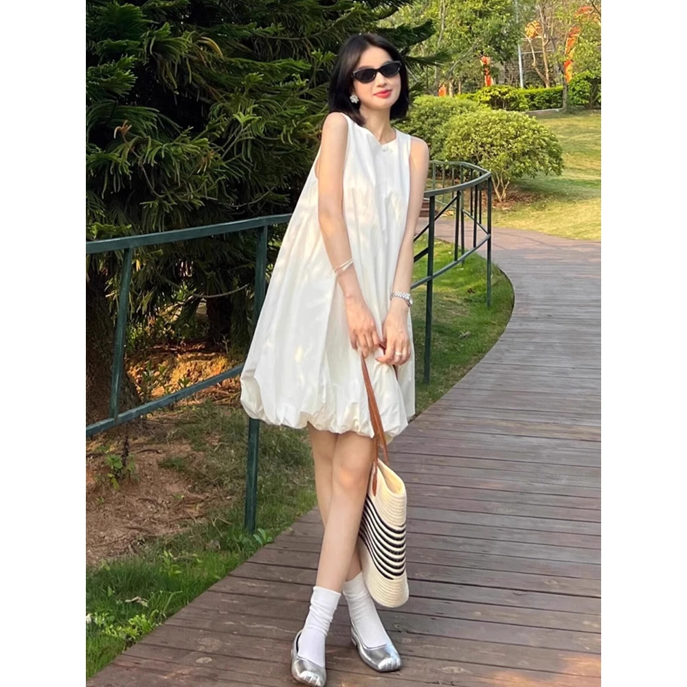 2025夏季新款宽松娃娃裙中长款蓬蓬裙A字纯色无袖背心显瘦连衣裙