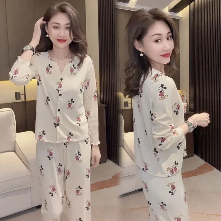 卡通可爱米奇亲肤螺纹代尔棉开衫长袖长裤睡衣女春秋季家居服套装