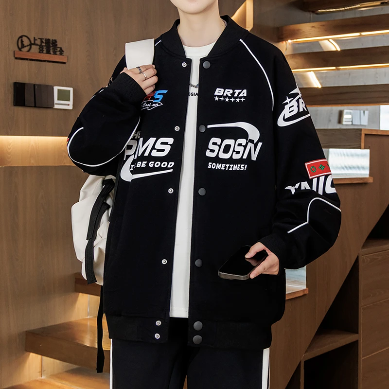 URSBOB秋季长袖卫衣男士棒球服青少年上衣拼色印花外套帅气潮流