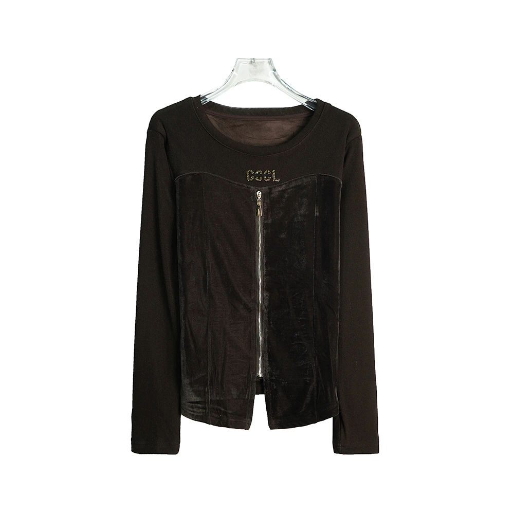 X25510【上新】百搭设计感显瘦圆领咖色假拉链加绒加厚打底衫3D