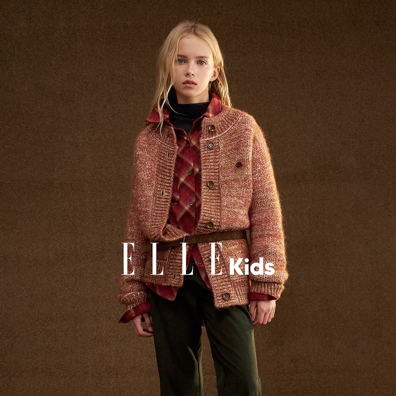 ELLE KIDS童装 宽松花纱粗针毛衣开衫女儿童冬季慵懒长袖厚外套D6