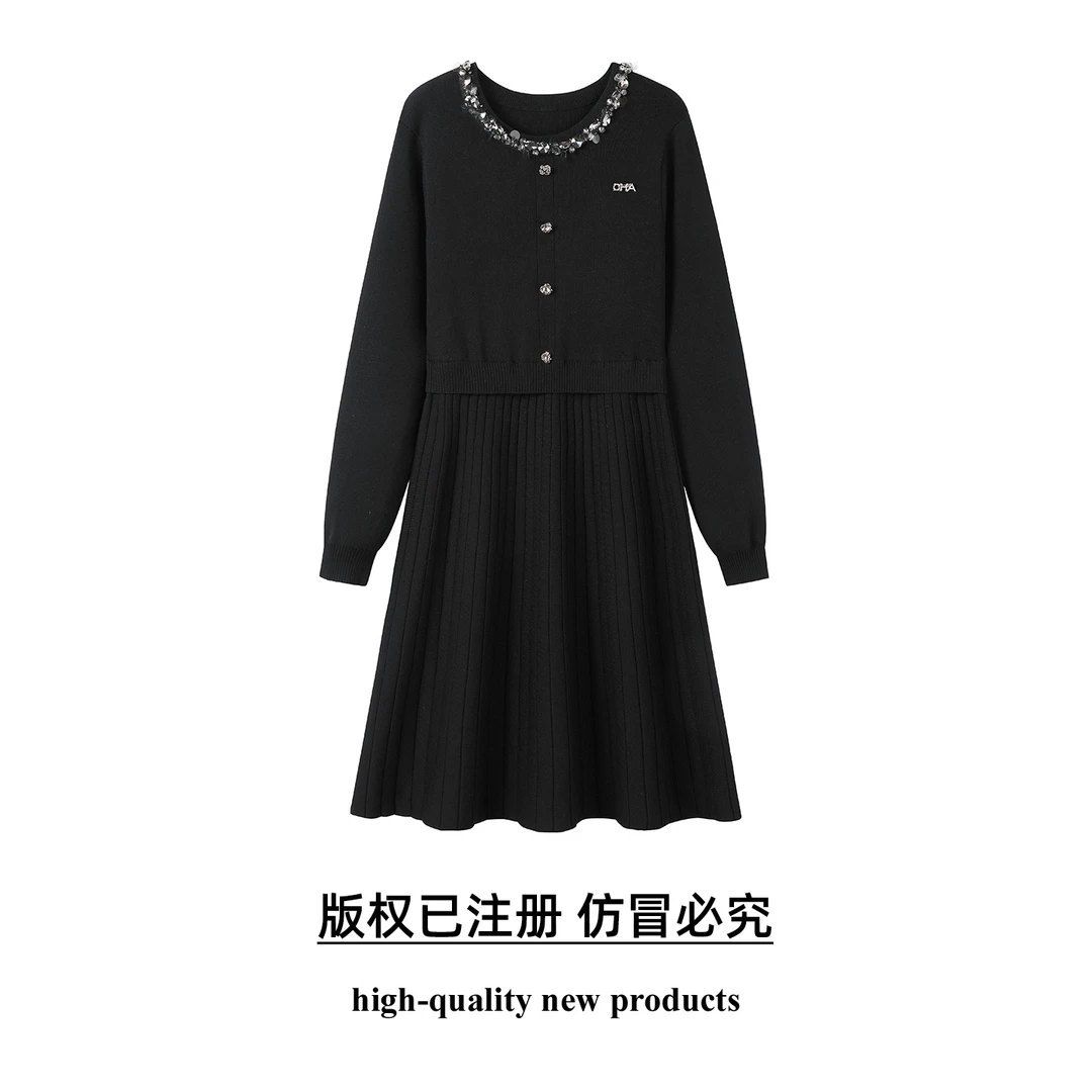 【奢姿】大码女装2025秋季减龄亮片假两件连衣裙胖妹妹时尚针织裙子