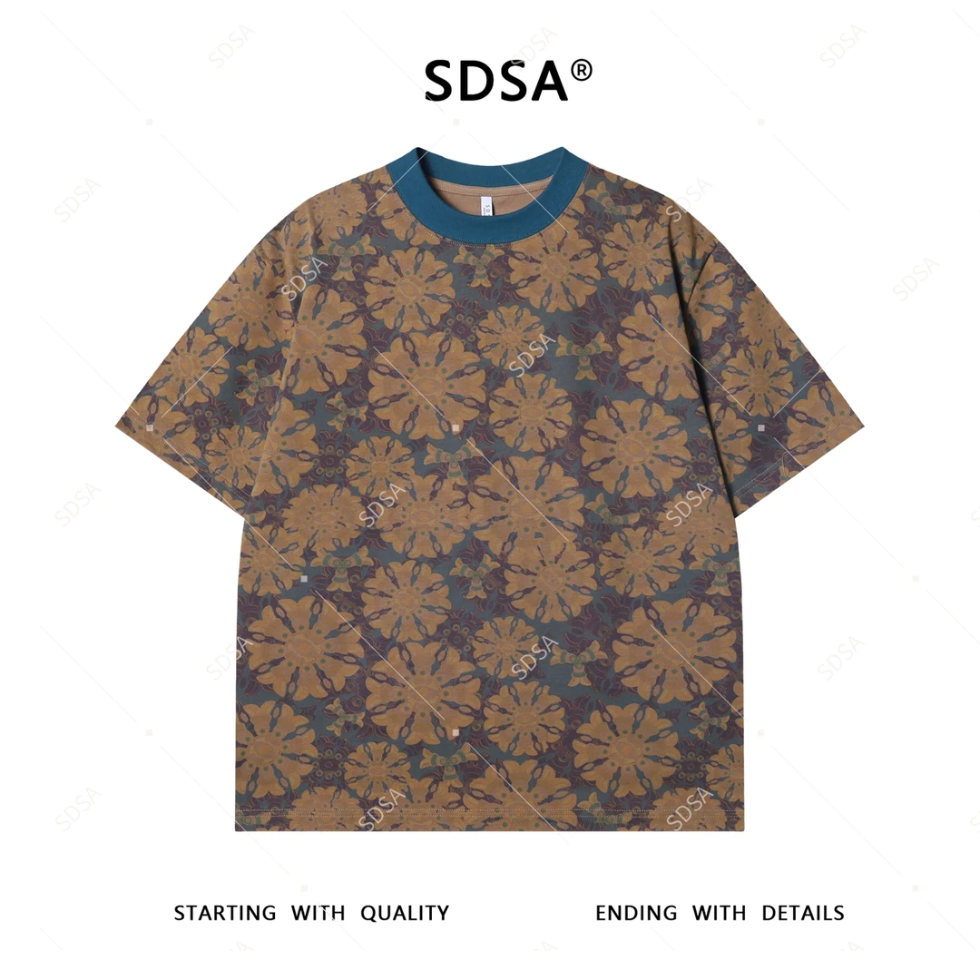 夏季高级感新款男士百搭时尚花卉撞色短袖T恤复古圆领宽松上衣