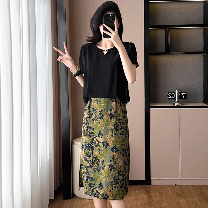 假两件套时尚洋气印花短袖连衣裙大码女装胖mm阔太太夏季新款显瘦