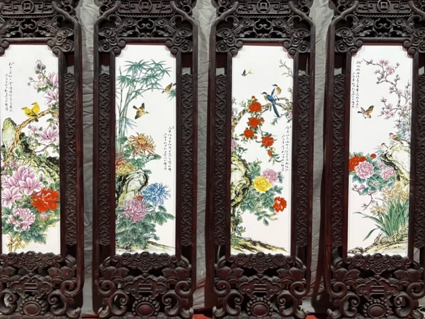 瓷板画中式复古春夏秋冬挂画客厅装饰画尺寸120*36