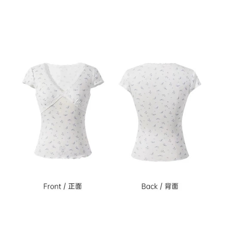 韩系碎花v领蕾丝短袖t恤女夏新款纯欲修身显瘦印花上衣