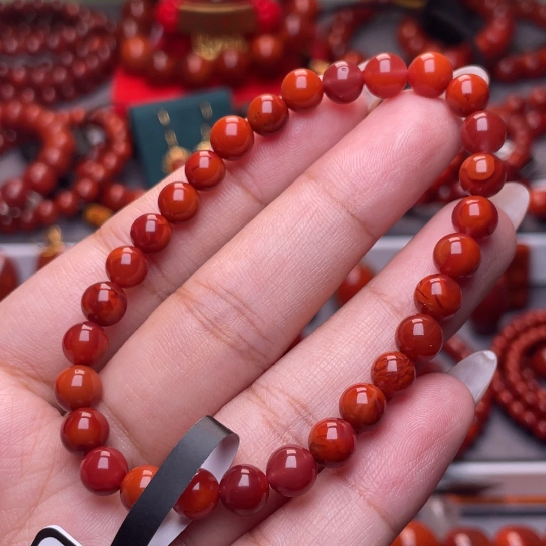 南红玛瑙未镶嵌其他全品6.5mm瓦西玫瑰红双色原矿手串