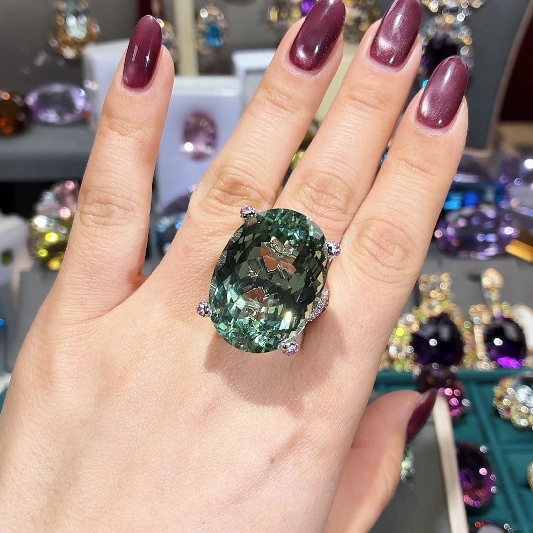 绿水晶戒指银S925镶嵌戒指