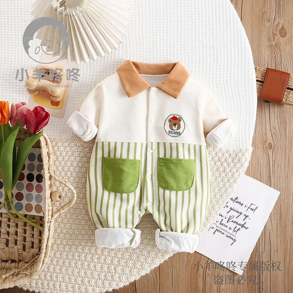 {双层}春秋新款吹泡小熊卡通翻领条纹双兜婴幼儿衣服童装连体爬服
