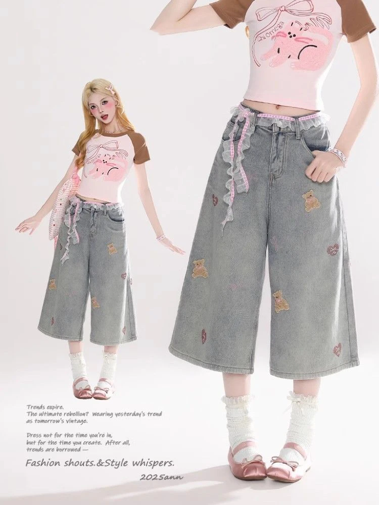 美式破洞牛仔短裤女2025夏季新款九分hiphop宽松超火七分裤子