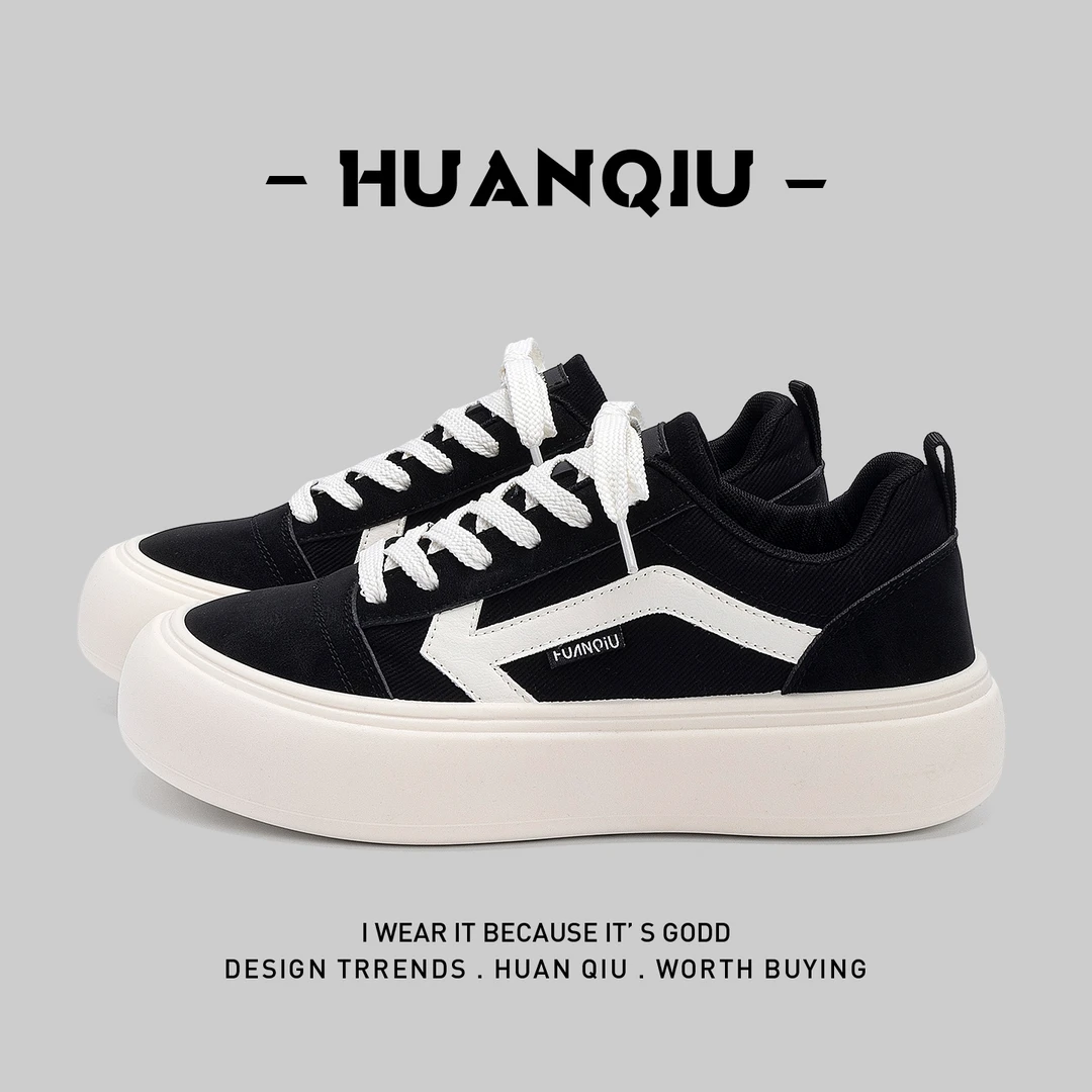 环球黑色板鞋男款2025新款秋季鞋子男鞋休闲轻便厚底低帮帆布鞋潮