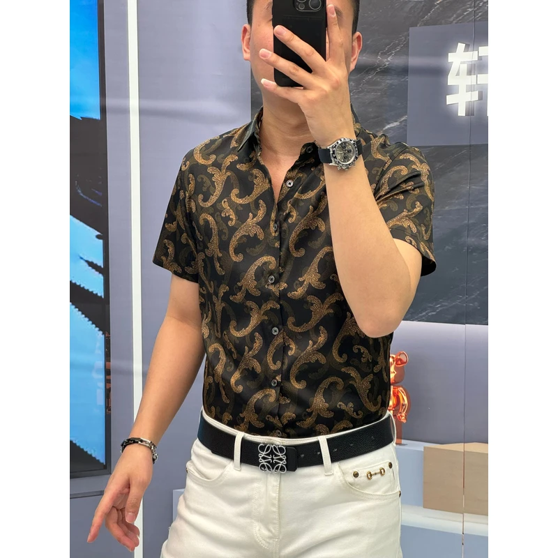 25春季（轩诚）高含量桑蚕丝男士金色印花休闲奢华高品质短袖衬衫