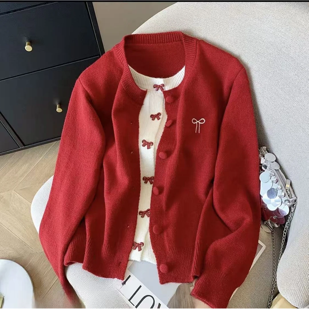 假两件毛衣女秋冬2025新款撞色叠穿蝴蝶结针织开衫设计感短款上衣
