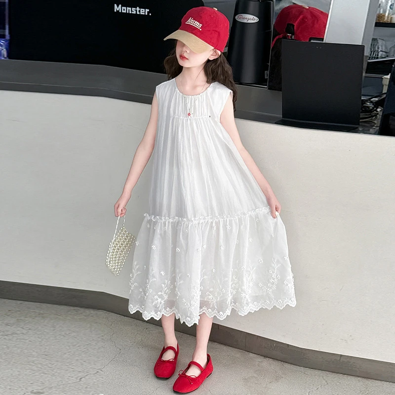 女童连衣裙2025夏季新款女孩洋气蕾丝拼接裙子儿童夏装白色网纱裙