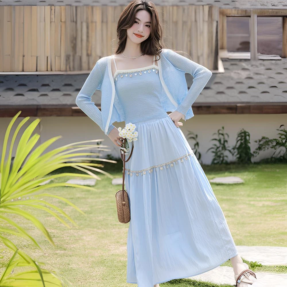 高级感美美温柔穿搭三件套装裙夏季海边度假旅游连衣裙套装女8899