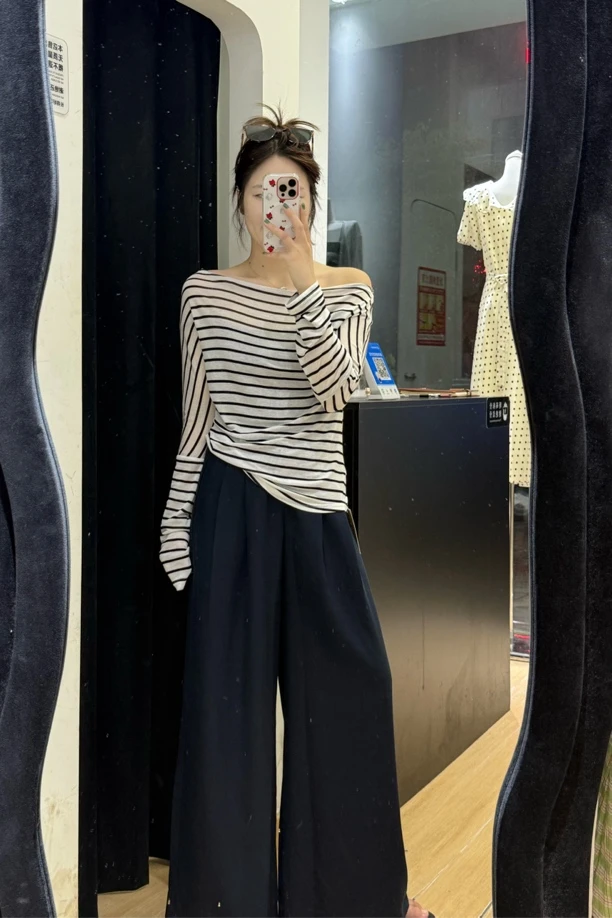 2025夏季新款韩系慵懒条纹一字领斜肩女防晒长袖T恤