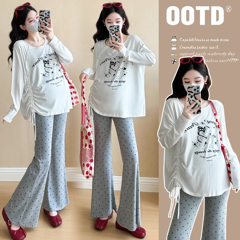 孕妇春装新款设计感不规则上衣+波点休闲裤两件套套装