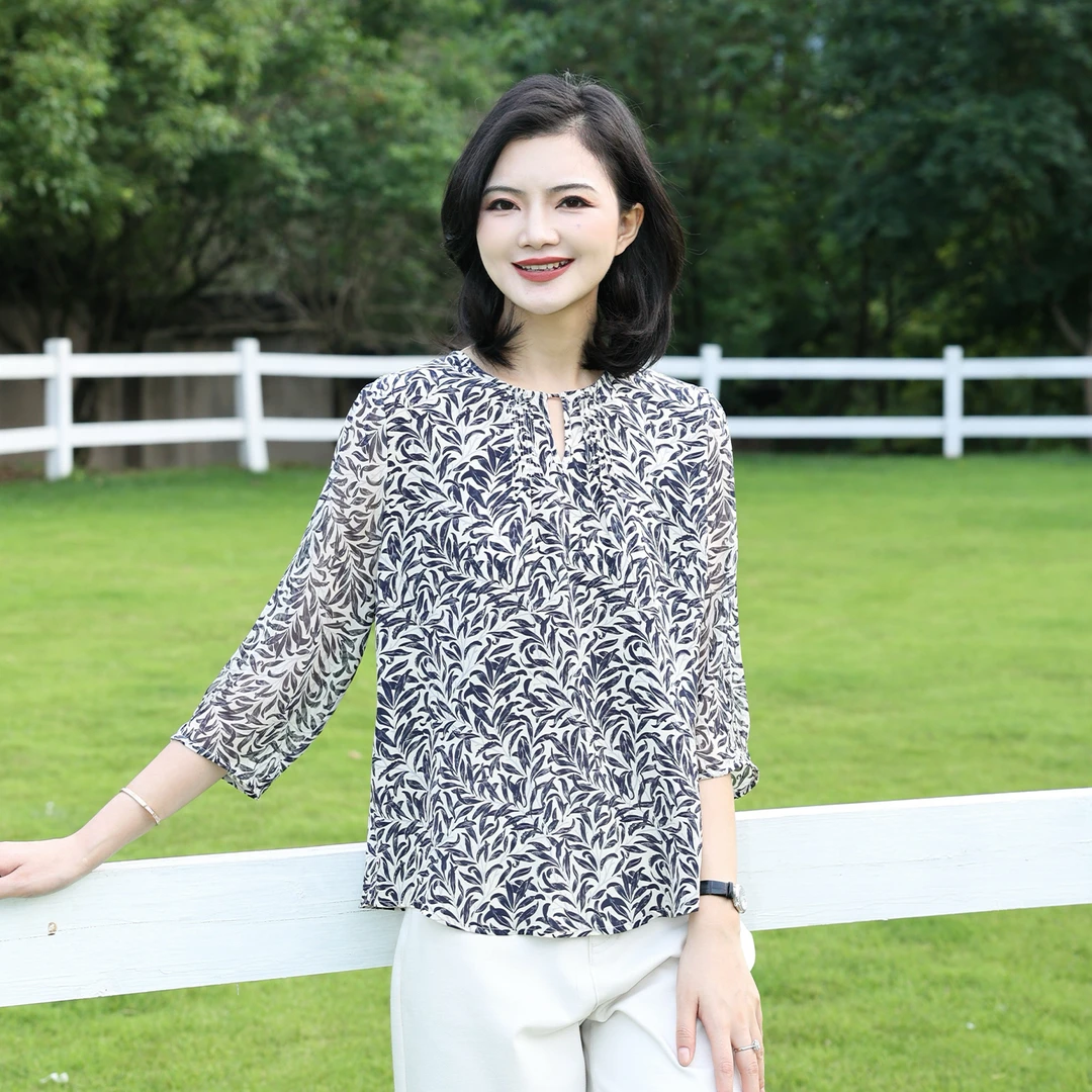 阿楠anan100桑蚕丝水滴领压褶印花七分袖女夏季真丝衬衫洋气上衣