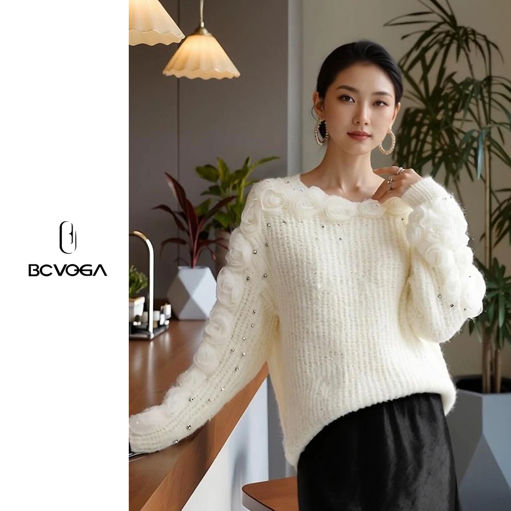 BCVOGA时尚百搭钉珠中长款套头长袖上衣宽松洋气立体花针织衫秋冬