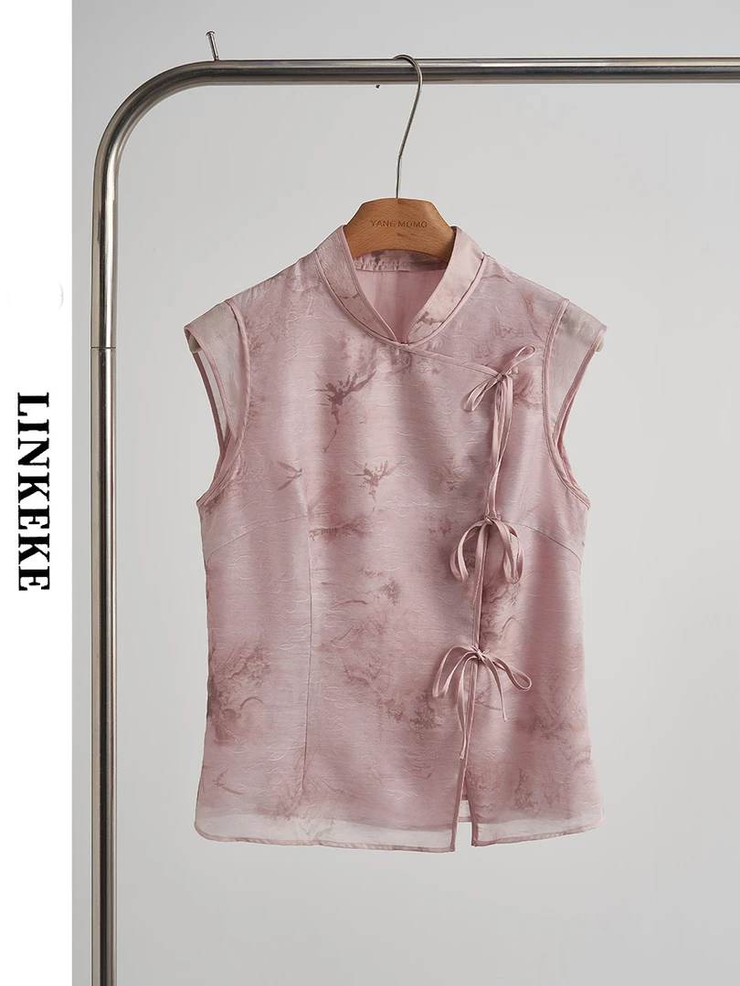 2025夏季新款女装新中式中国风时尚印花立领系带粉色无袖衬衫上衣