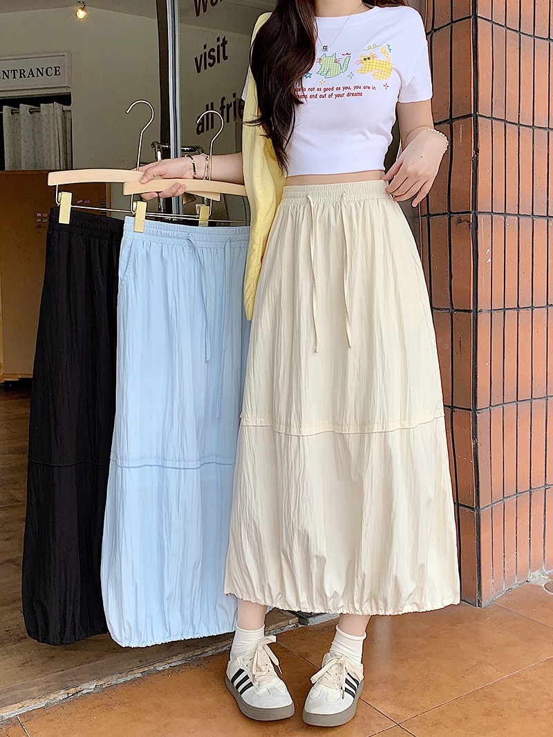 Q2025夏款胖mm大码女别致休闲抽绳半身裙显高显瘦中长裙 22001