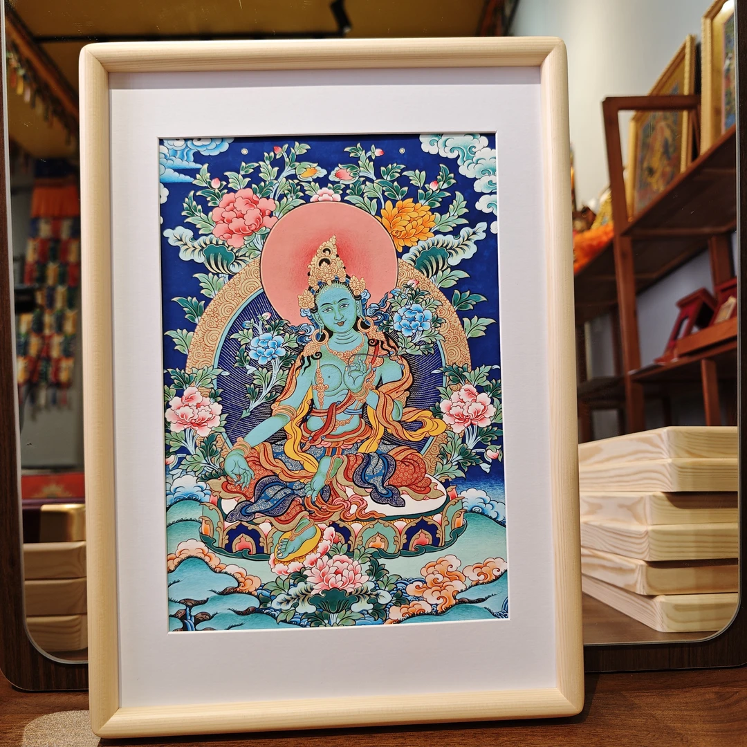 绿度母彩唐热贡唐卡画芯A4大小