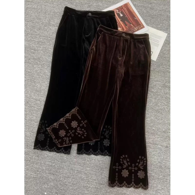 【微喇裤】高腰直筒休闲百搭丝绒裤提花微喇裤8723