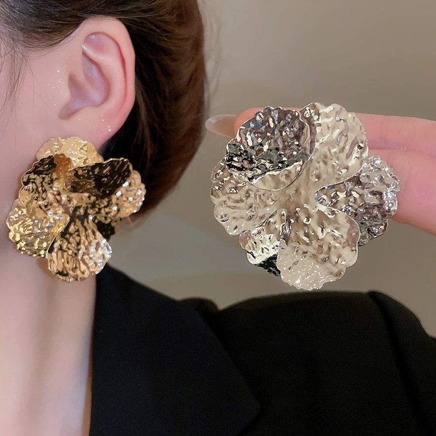 铁合金耳饰 欧美夸张褶皱金属花朵耳钉时尚个性耳环高级感耳饰女