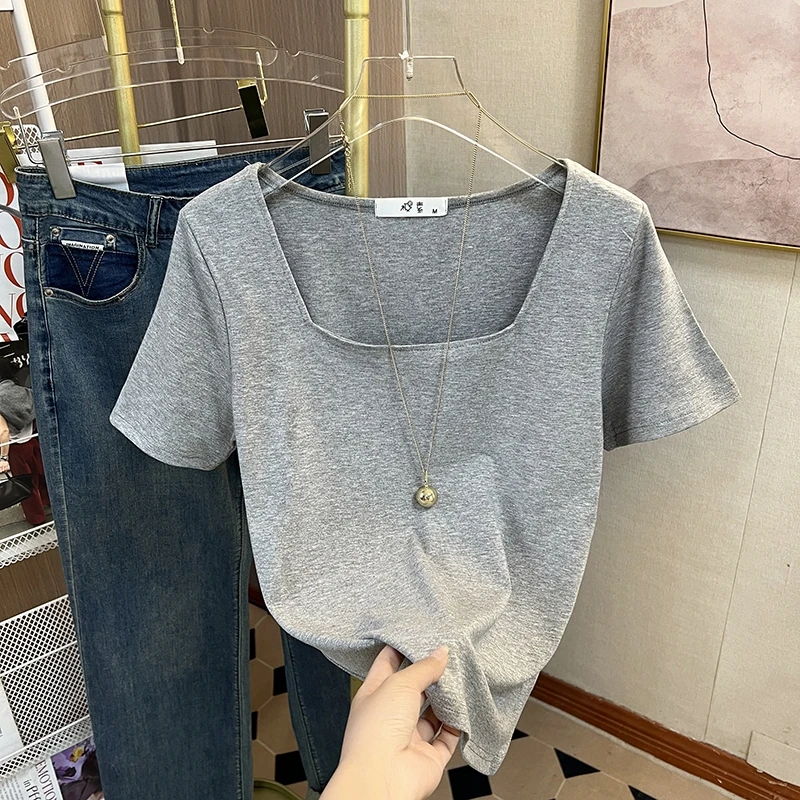 时尚休闲方领山本风港味显瘦短袖2025T恤收腰设计感纯色不规则