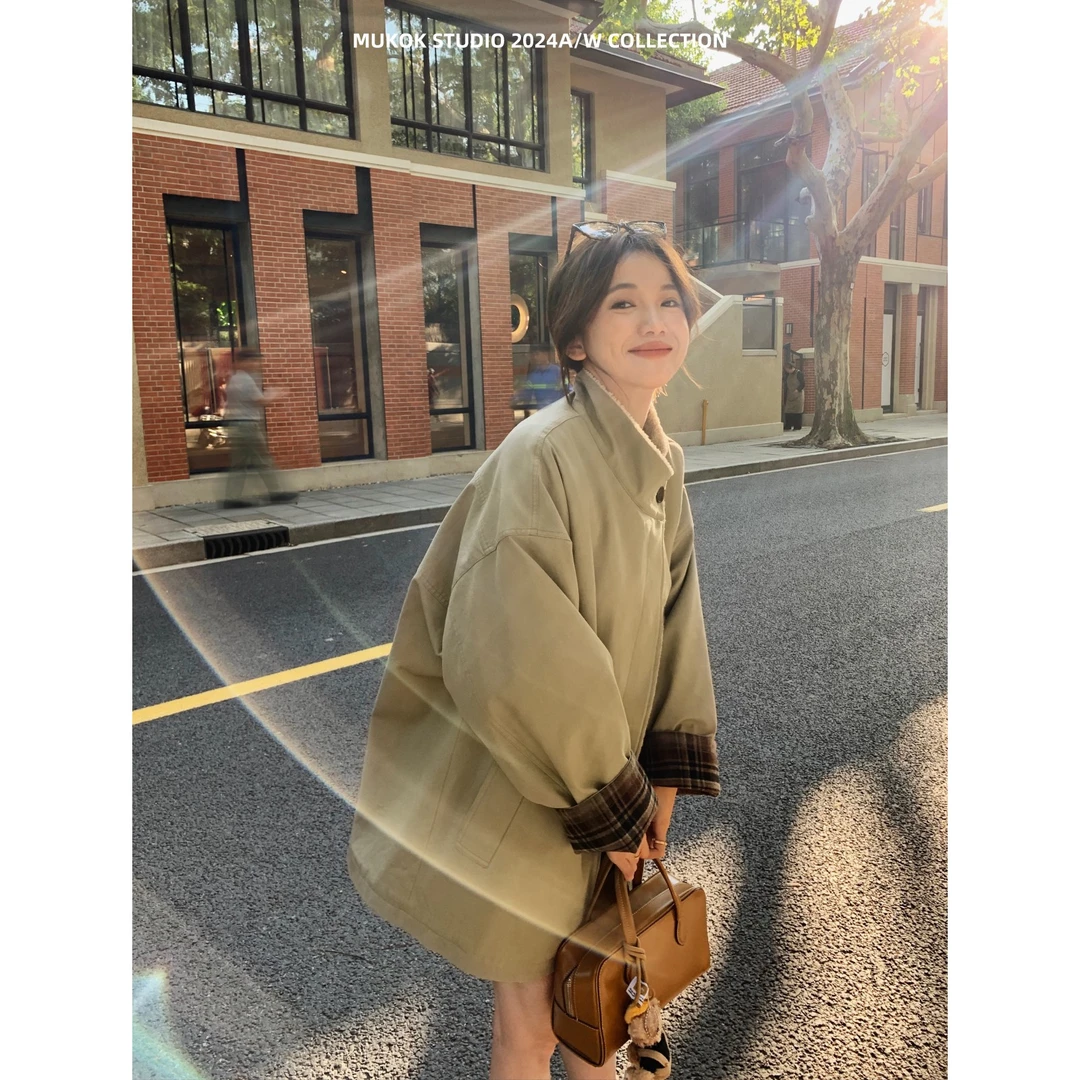 MUKOK诺丁山下~高级经典撞色风衣外套廓形显瘦宽松英伦风加厚大衣