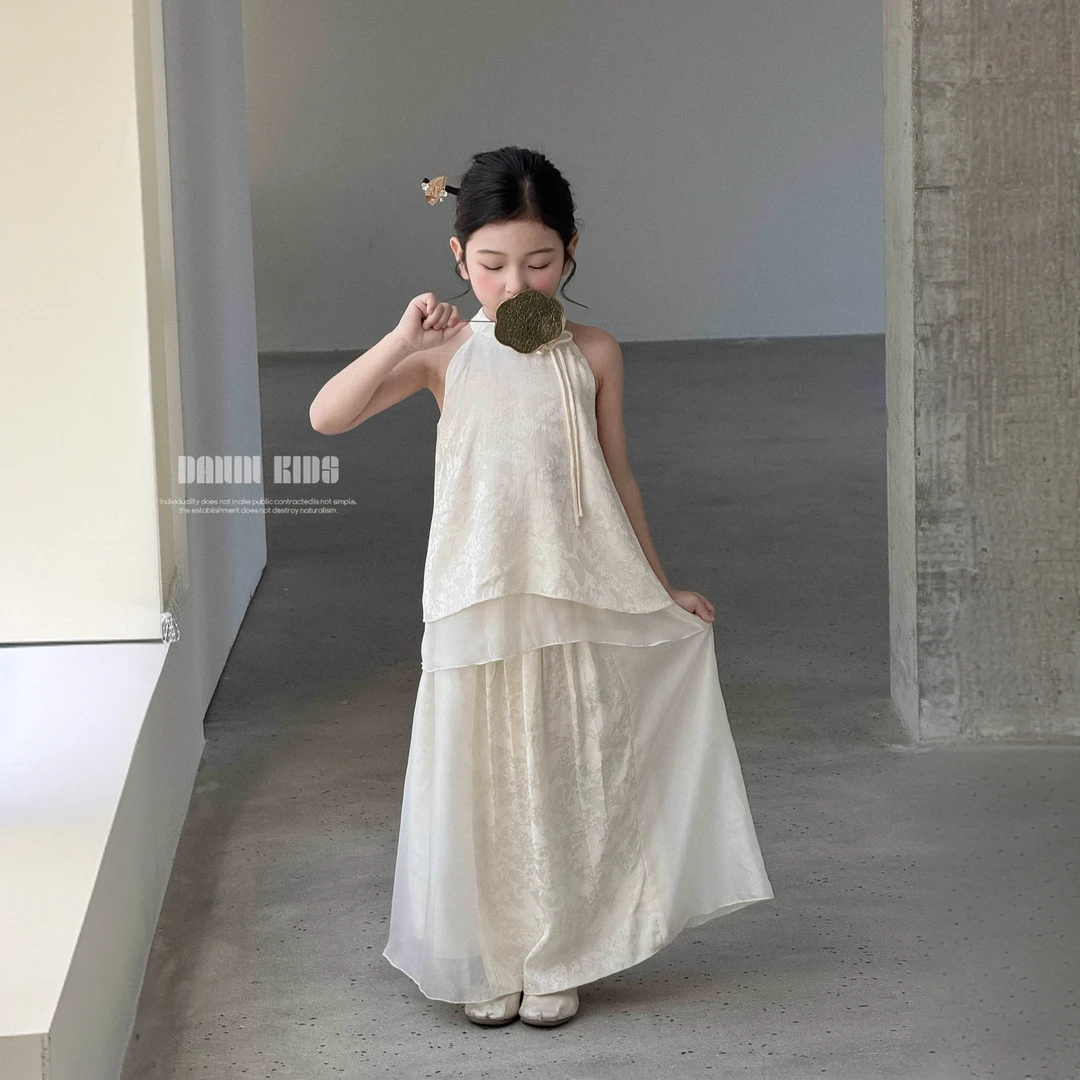 【嗒囜】女童25夏季新款杏色宽松国风背心上衣+裙子两件套休闲套装