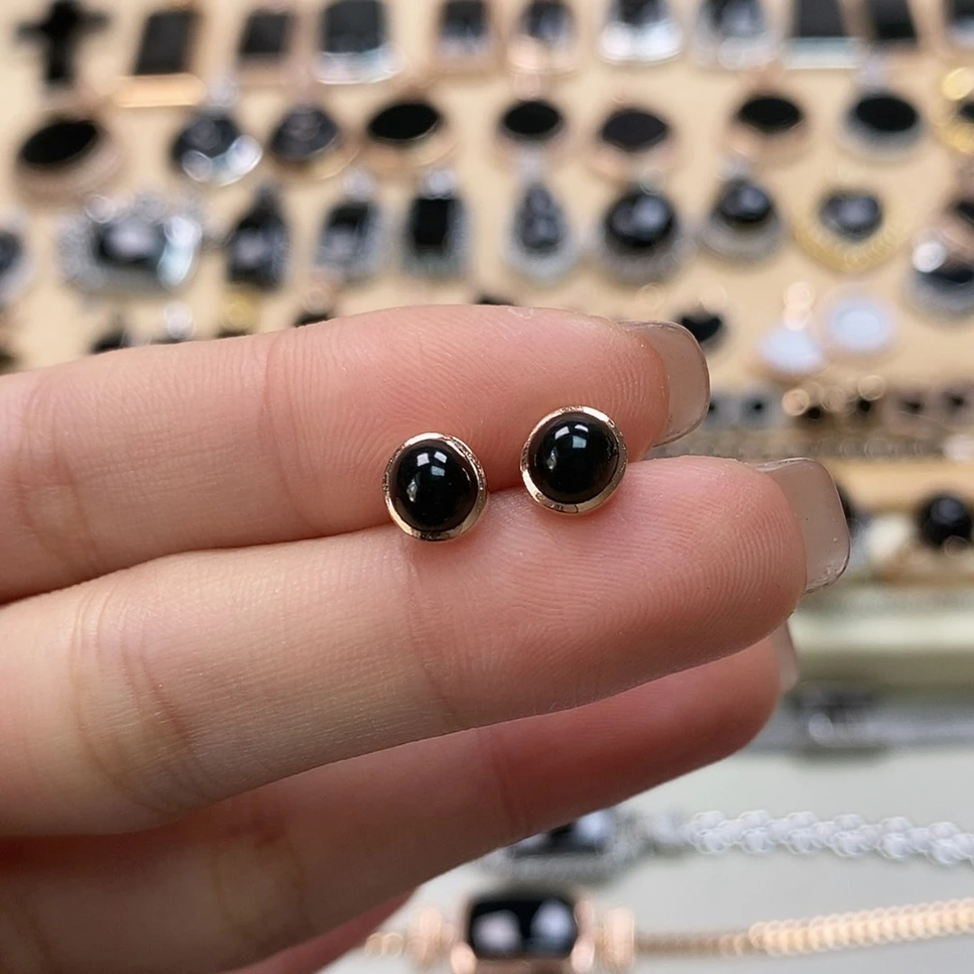 翡翠耳饰18K金镶嵌天然翡翠墨翠