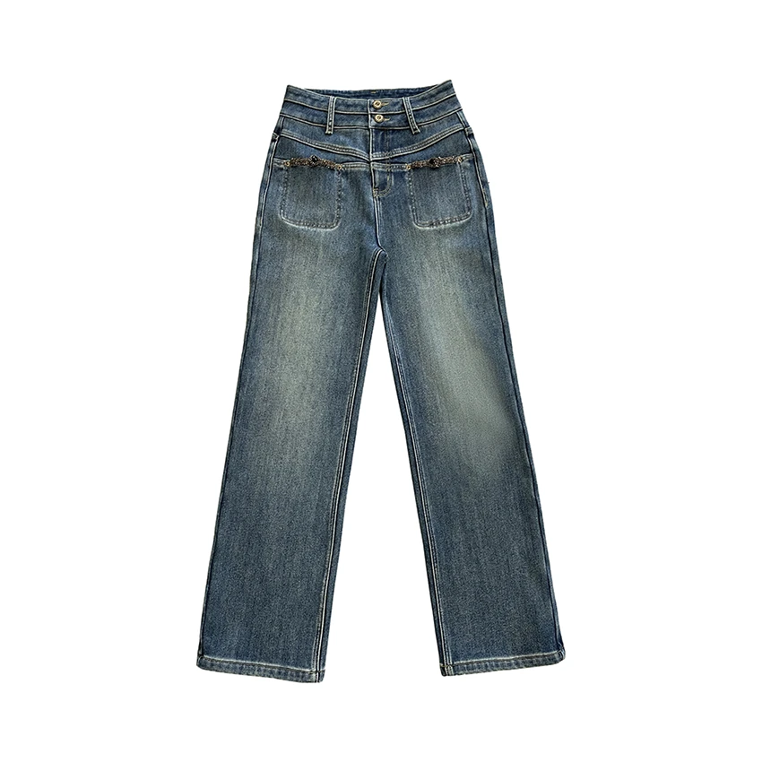 秋冬款高腰加绒牛仔裤烟筒裤水洗阔腿裤 1CK855【z】