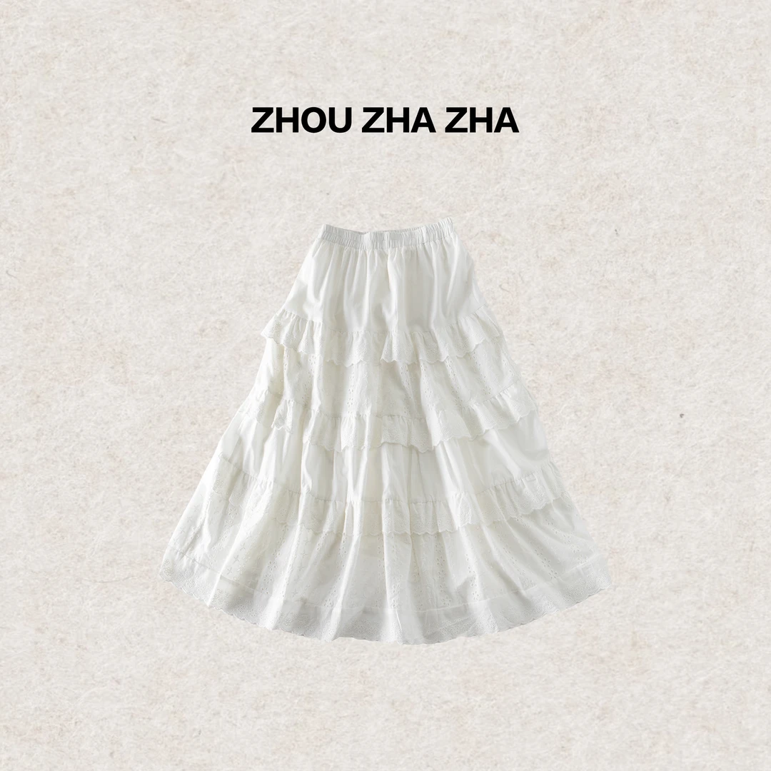 【周炸炸】春夏新款蕾丝花边蛋糕半身长裙文艺高腰拼接#250125