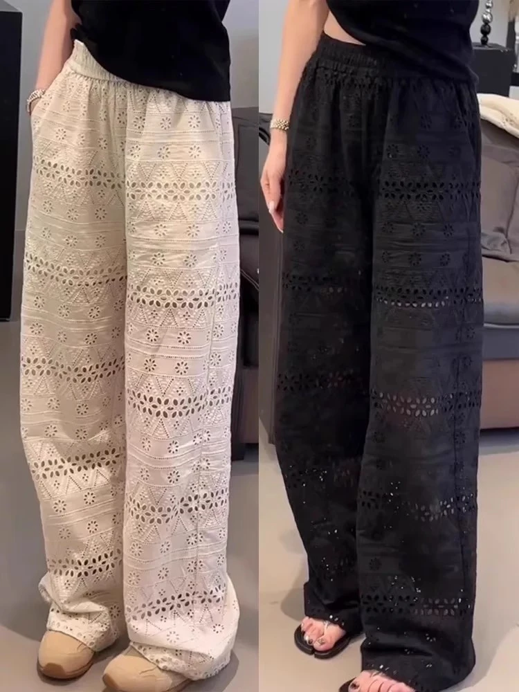 GiBchange GIB 2025春季蕾丝镂空阔腿裤女宽松显瘦休闲直筒裤K228