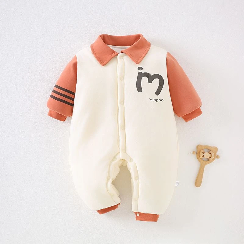 婴儿纯棉加棉连体衣150克薄棉爬服外出服保暖洋气柔软哈衣韩版高