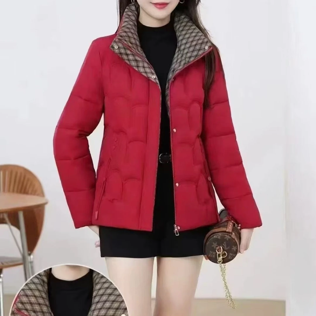 时尚立领短款格子领加厚保暖中年妈妈冬季棉衣外套