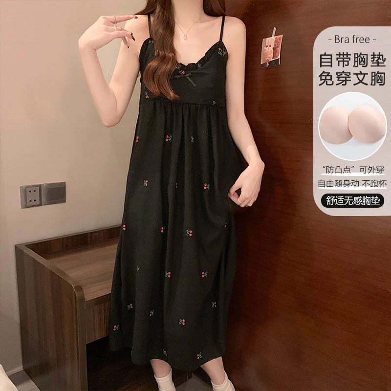 吊带睡裙夏季带胸垫云朵棉复古黑色甜美樱桃少女夏天睡衣女家居服